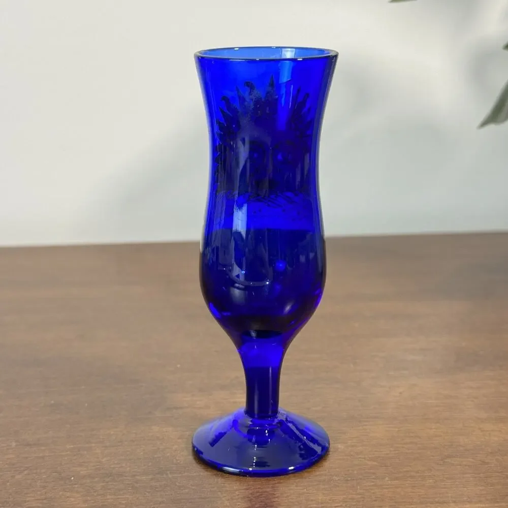 Cobalt Blue Glass Vase Souvenir Sun Face Hand Painted 4.5